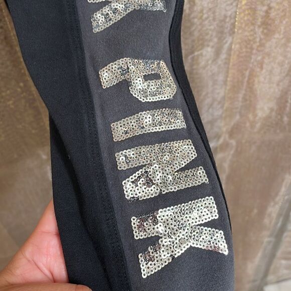 PINK Victoria’s Secret black/gray silver sequin bling leggings, size S - Picture 2 of 7